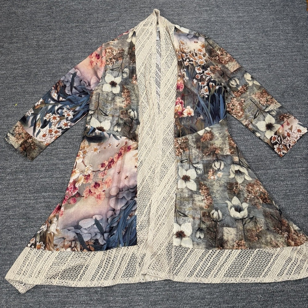 Anis A Cardigan XL Boho Floral Mesh Overlay Artsy Lagenlook Flowy Topper Earthy